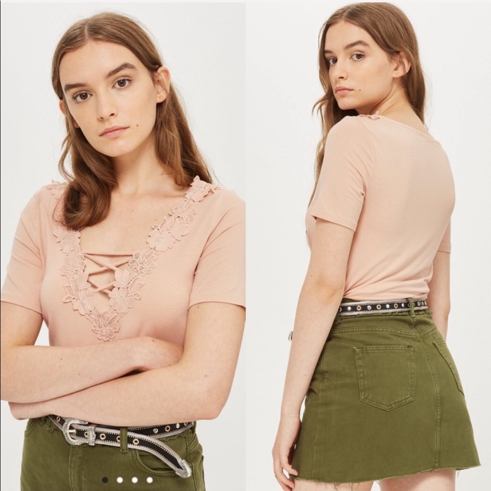 Topshop Pink Floral Applique Lace Up Swing Top